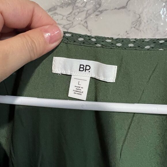 NEW Nordstrom BP Olive Green Print V-Neck Mini Dress Smocked Waist Cap Sleeve L - Picture 2 of 6